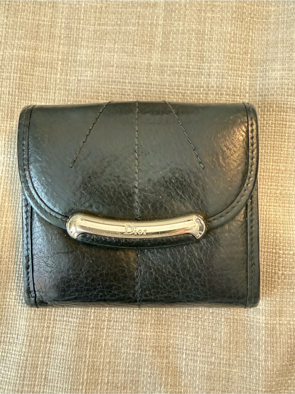 Dior Black Leather Compact Wallet with Silver-tone Bar Accent